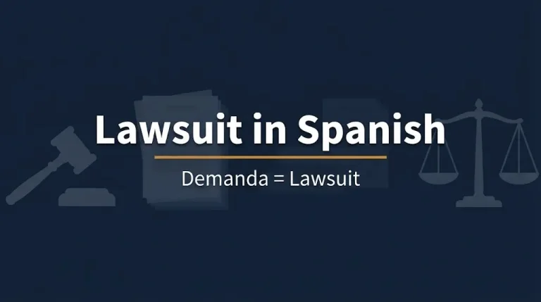 Banner reading Lawsuit in Spanish with the subheading Demanda equals lawsuit, beside a gavel and scales.