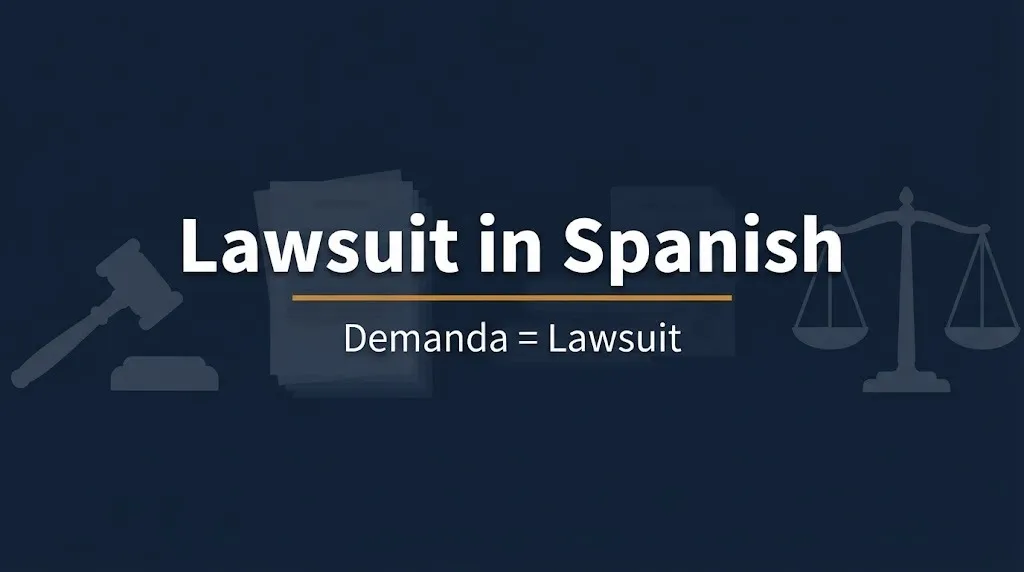 Banner reading Lawsuit in Spanish with the subheading Demanda equals lawsuit, beside a gavel and scales.