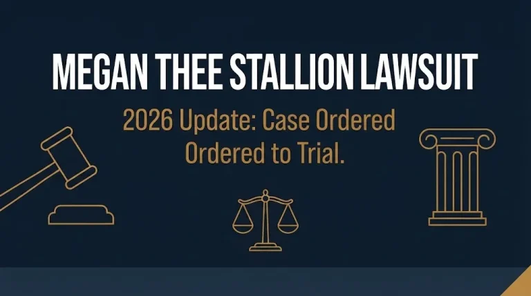 Banner reading Megan Thee Stallion lawsuit 2026 update showing the case has been ordered to trial.