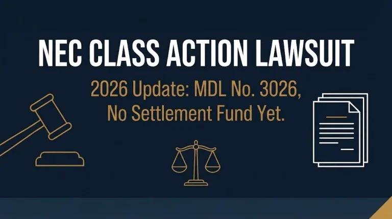 Banner reading NEC class action lawsuit 2026 update showing MDL No. 3026 status and no settlement fund yet.