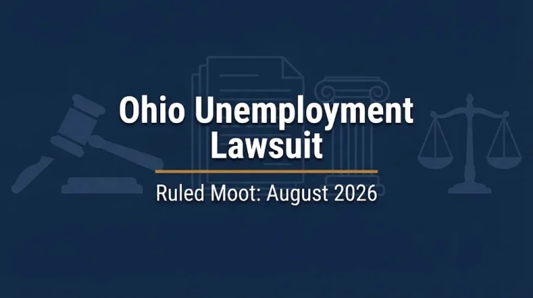 Banner reading Ohio Unemployment Lawsuit, ruled moot in August 2026, beside a gavel and scales.