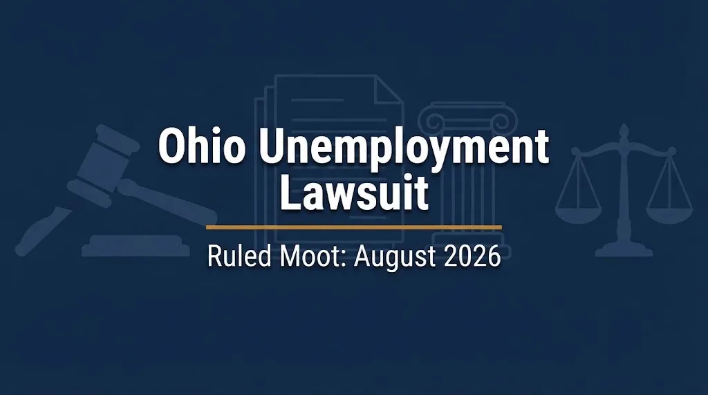 Banner reading Ohio Unemployment Lawsuit, ruled moot in August 2026, beside a gavel and scales.