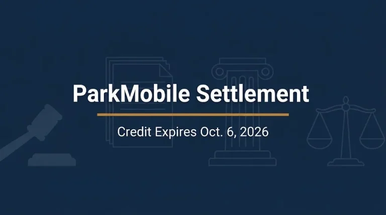 Banner reading ParkMobile settlement with a credit expiring October 6, 2026, beside a gavel and scales.