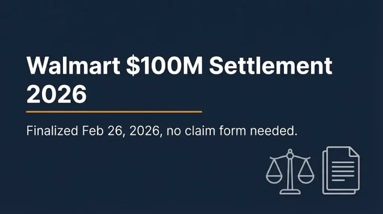 Banner reading Walmart $100M Settlement 2026, finalized February 26 with no claim form needed