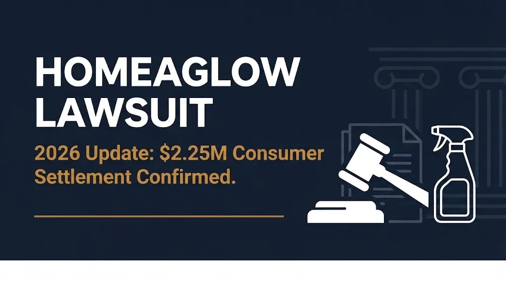 Banner reads Homeaglow lawsuit 2026 update showing the confirmed $2.25 million consumer settlement.