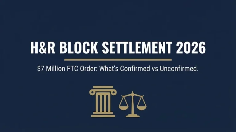 Banner showing H&R Block settlement 2026 headline with FTC's confirmed $7 million order subheading.