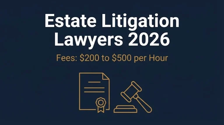 Banner showing estate litigation lawyers typically charge $200 to $500 per hour in 2026.