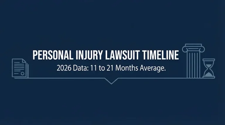 Banner showing the 2026 personal injury lawsuit timeline averaging 11 to 21 months to settle.