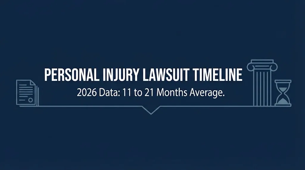 Banner showing the 2026 personal injury lawsuit timeline averaging 11 to 21 months to settle.
