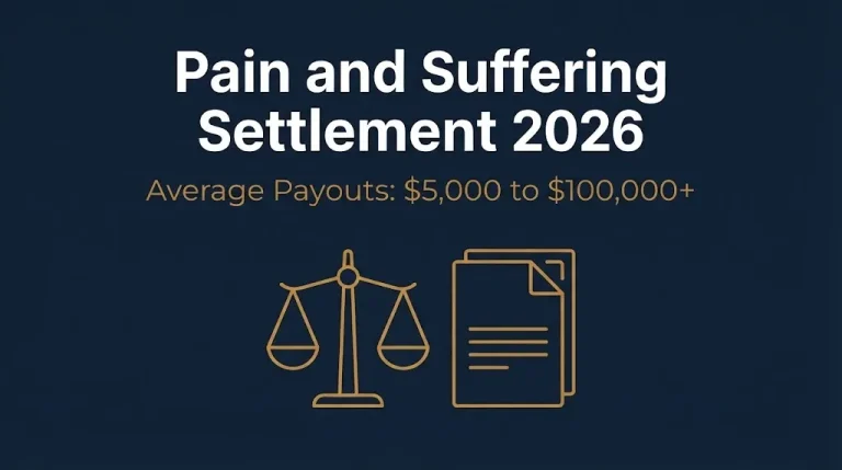 Banner showing the average pain and suffering settlement range of $5,000 to $100,000 or more in 2026.