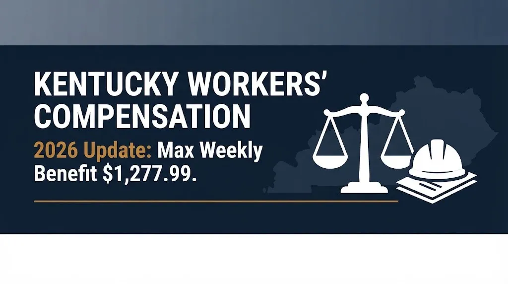 Banner shows Kentucky workers' compensation 2026 update with the $1,277.99 maximum weekly benefit rate.