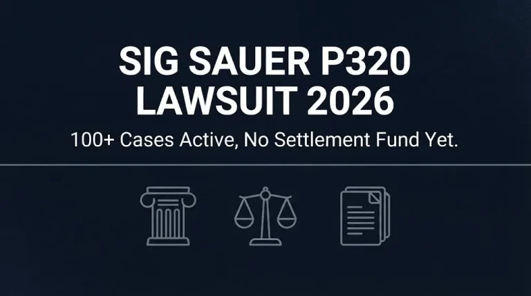 Banner summarizing the SIG Sauer P320 lawsuit 2026 update showing over 100 active cases and no settlement.