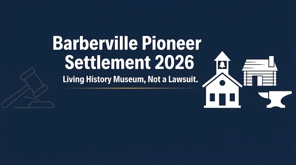 Barberville Pioneer Settlement 2026 banner clarifying it is a museum, not a lawsuit.