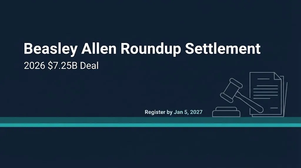 Beasley Allen Roundup settlement 2026 banner with $7.25B deal and claim deadline.