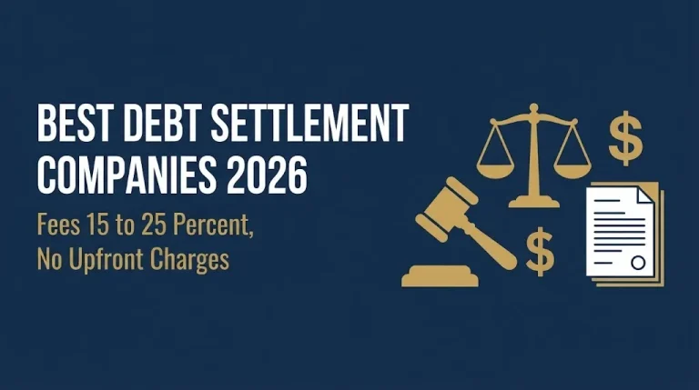 Best debt settlement companies 2026 headline with gavel and dollar sign showing fee range and no upfront charges.