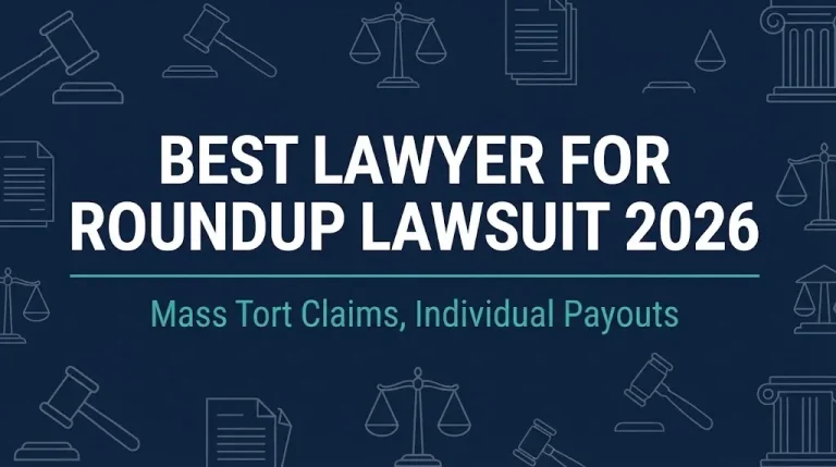Best lawyer for Roundup lawsuit 2026 hero banner with gavel and scales symbols.