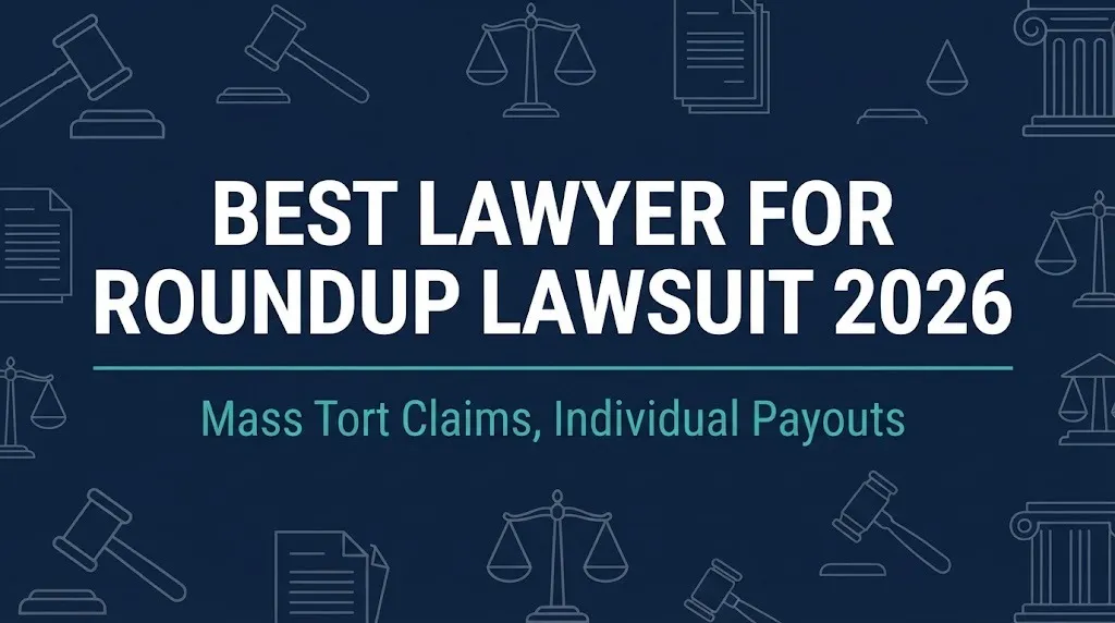 Best lawyer for Roundup lawsuit 2026 hero banner with gavel and scales symbols.