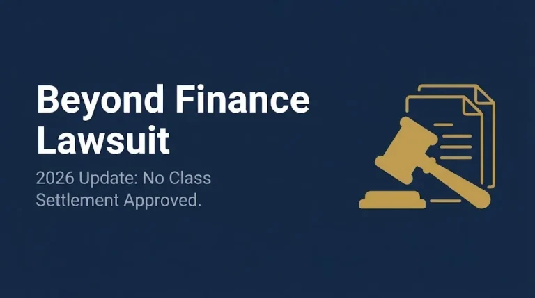 Beyond Finance lawsuit 2026 update banner showing no class settlement has been approved yet.
