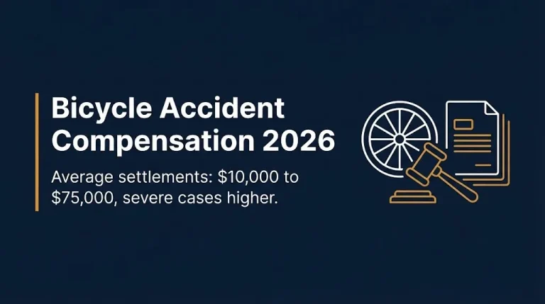 Bicycle accident compensation 2026 banner with average settlement range and legal icons.