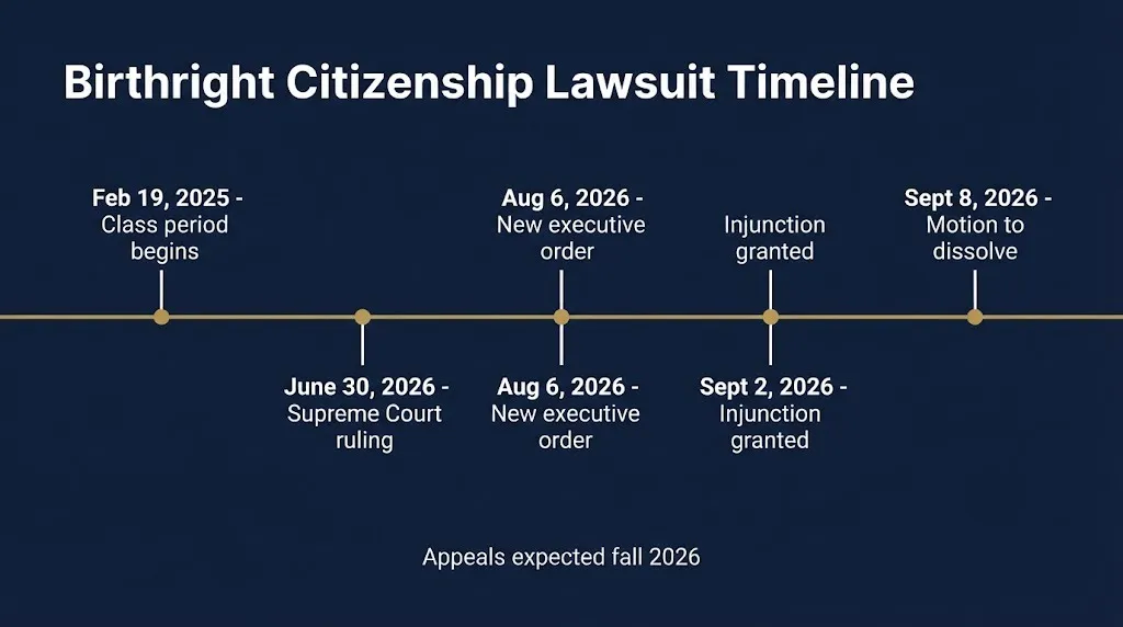 Birthright citizenship lawsuit timeline showing key court dates from 2025 to 2026.