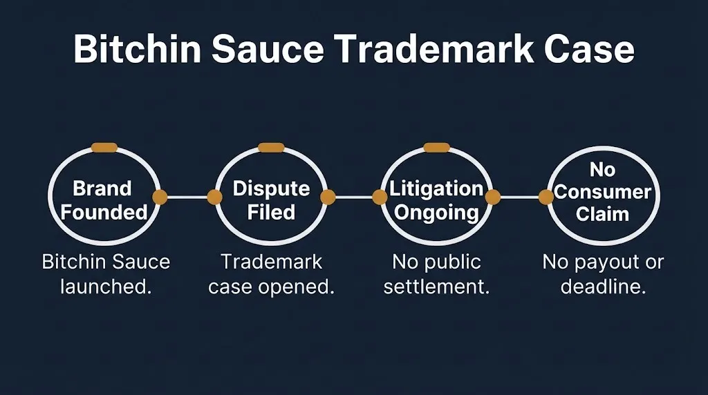 Bitchin Sauce trademark case timeline showing dispute filed and no consumer settlement.