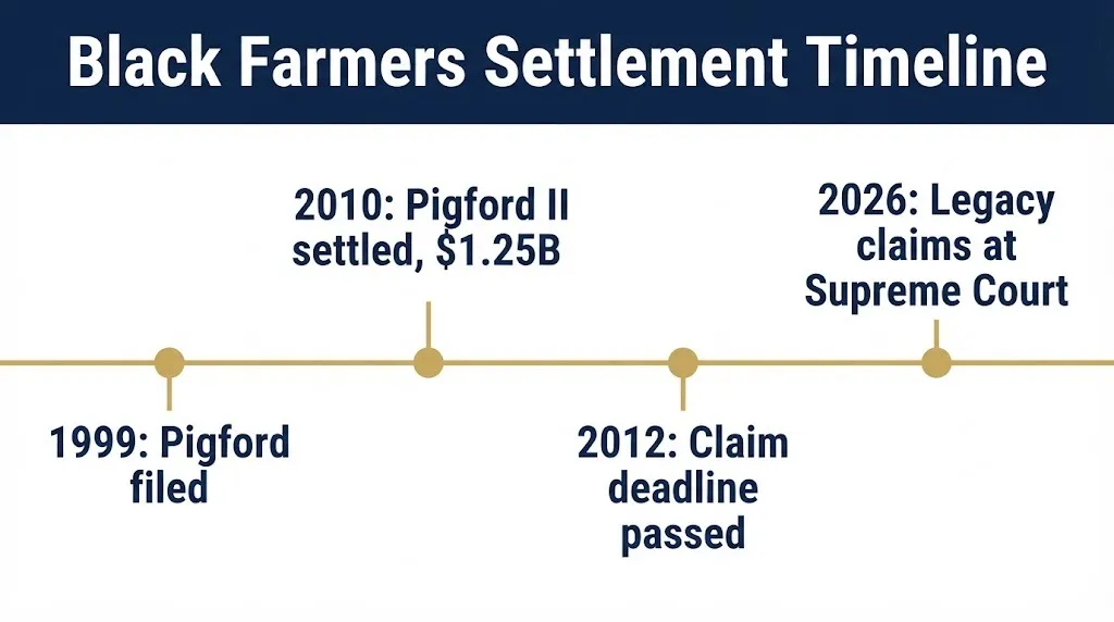 Black farmers settlement timeline showing Pigford II 2012 deadline and 2026 Supreme Court legacy claims case.