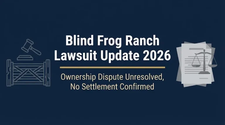 Blind Frog Ranch Lawsuit Update 2026 banner showing ranch gate, gavel, and status line about unresolved ownership dispute.