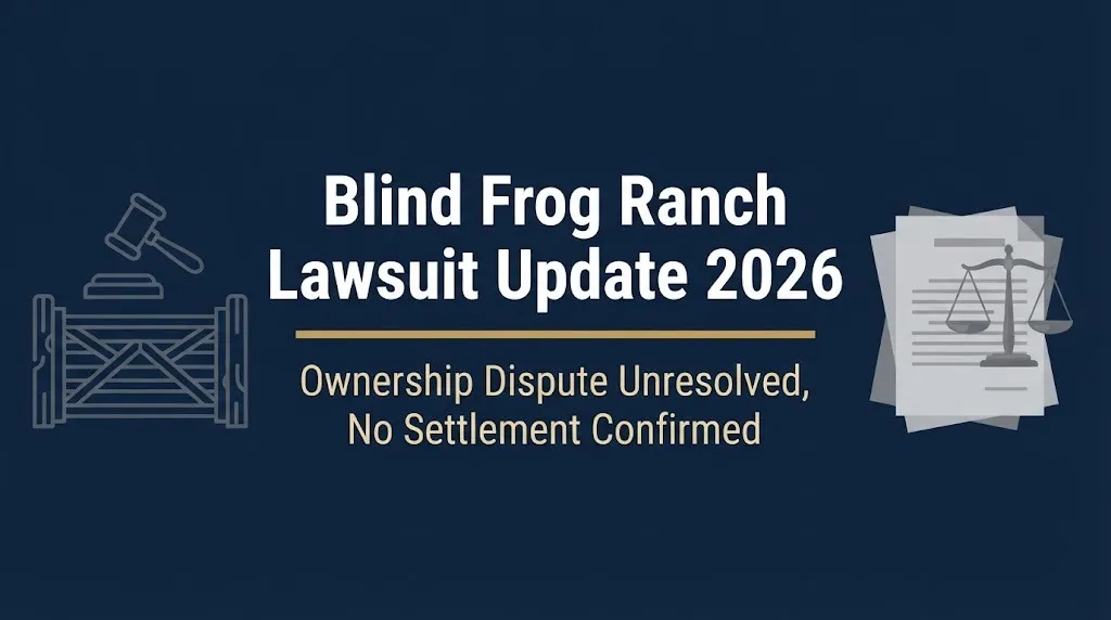 Blind Frog Ranch Lawsuit Update 2026 banner showing ranch gate, gavel, and status line about unresolved ownership dispute.
