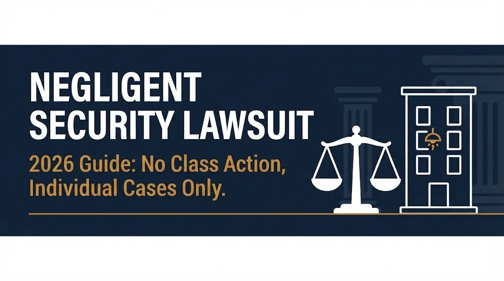 Bold white headline reads Negligent Security Lawsuit 2026 Guide showing key fact that this is an individual lawsuit.