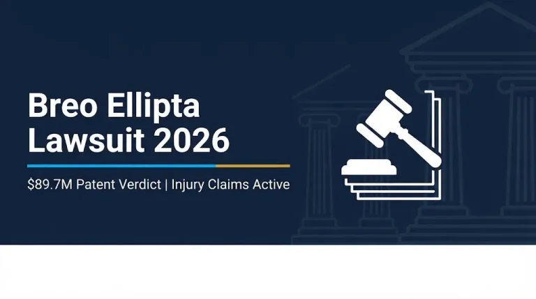Breo Ellipta lawsuit 2026 banner showing $89.7M patent verdict and active injury claims.