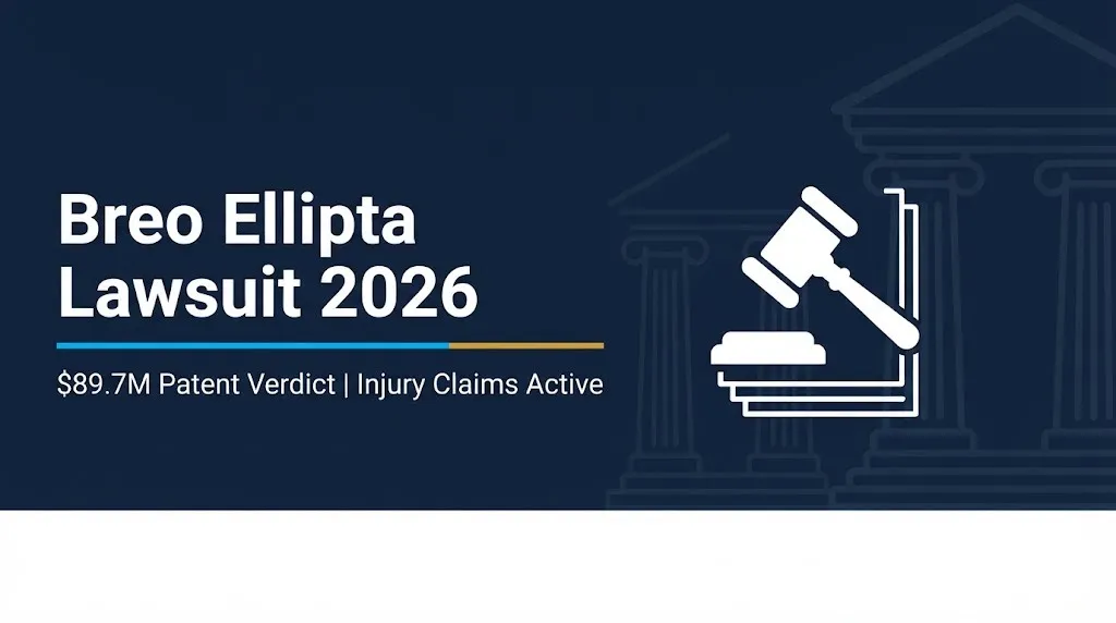 Breo Ellipta lawsuit 2026 banner showing $89.7M patent verdict and active injury claims.