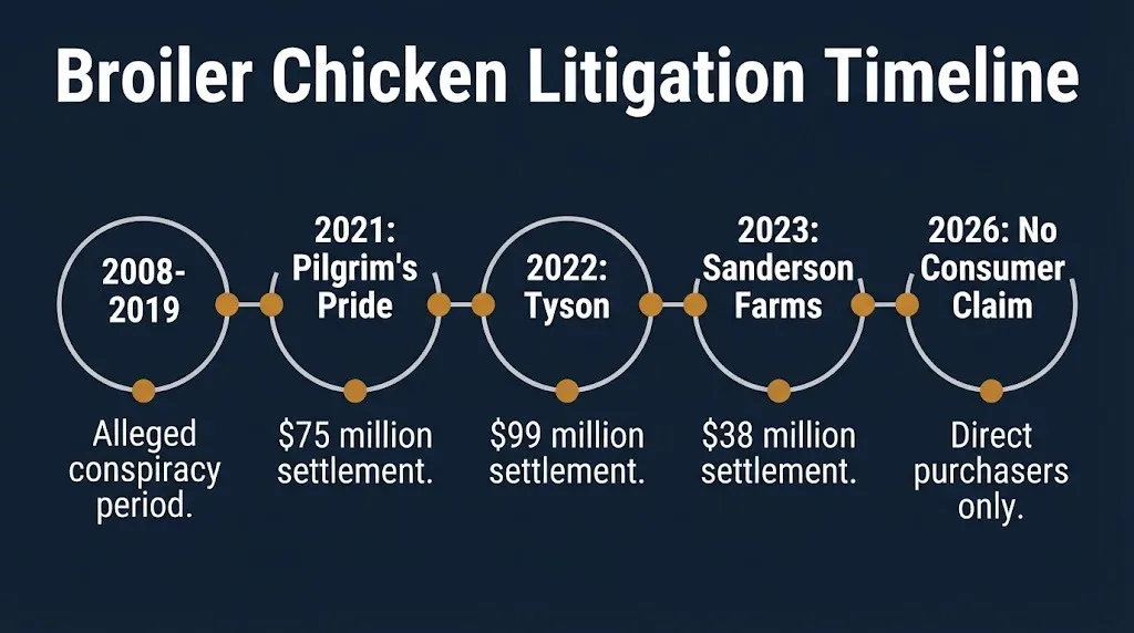 Broiler chicken litigation timeline showing settlement amounts and no consumer claim in 2026.