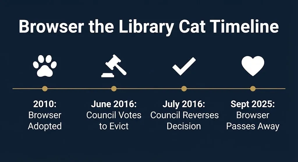 Browser the library cat timeline graphic showing key dates from 2010 adoption to 2025 death.