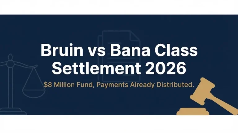 Bruin vs Bana class settlement 2026 hero banner showing $8 million fund and legal symbols.