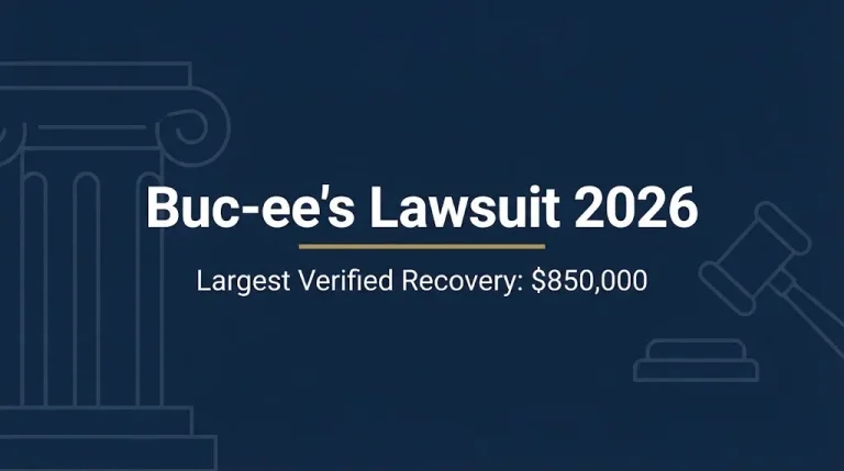 Buc-ee's lawsuit 2026 banner showing the largest verified trademark recovery of $850,000.