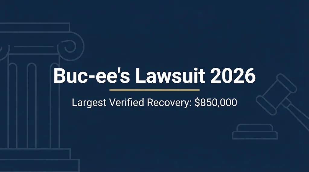 Buc-ee's lawsuit 2026 banner showing the largest verified trademark recovery of $850,000.