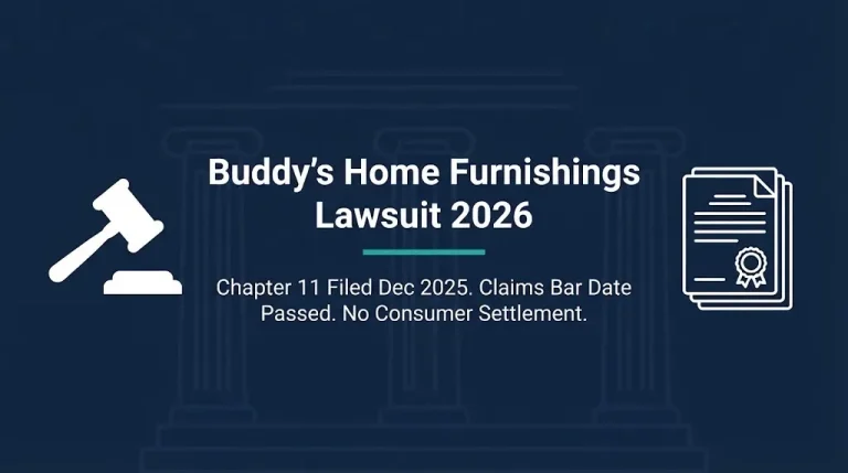 Buddy's Home Furnishings lawsuit 2026 banner showing gavel and bankruptcy documents