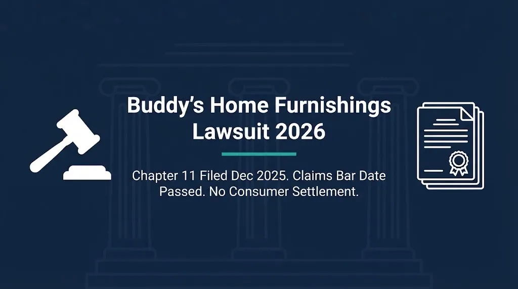 Buddy's Home Furnishings lawsuit 2026 banner showing gavel and bankruptcy documents