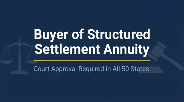 Buyer of structured settlement annuity hero banner with gavel and scales icons