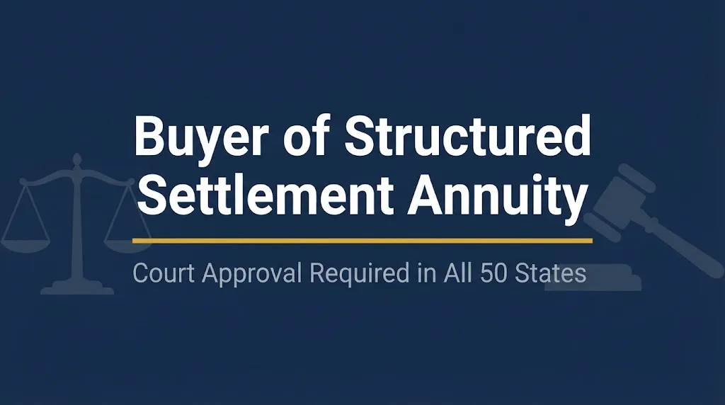 Buyer of structured settlement annuity hero banner with gavel and scales icons