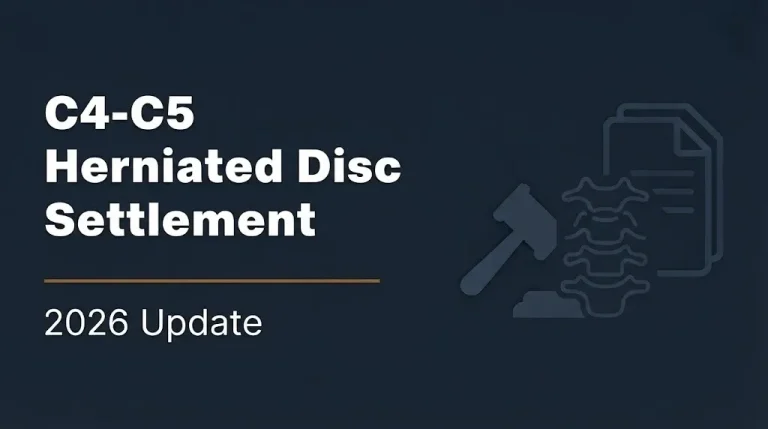 C4-C5 herniated disc settlement 2026 banner with gavel and spine illustration on navy background