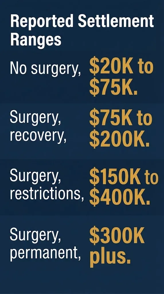C4-C5 herniated disc settlement ranges by case type showing no surgery through permanent disability payouts