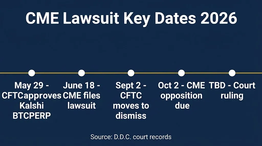 CME lawsuit timeline showing key dates from CFTC approval to dismissal motion.