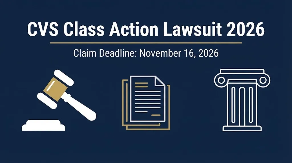 CVS class action lawsuit 2026 infographic banner with gavel and November 16 claim deadline