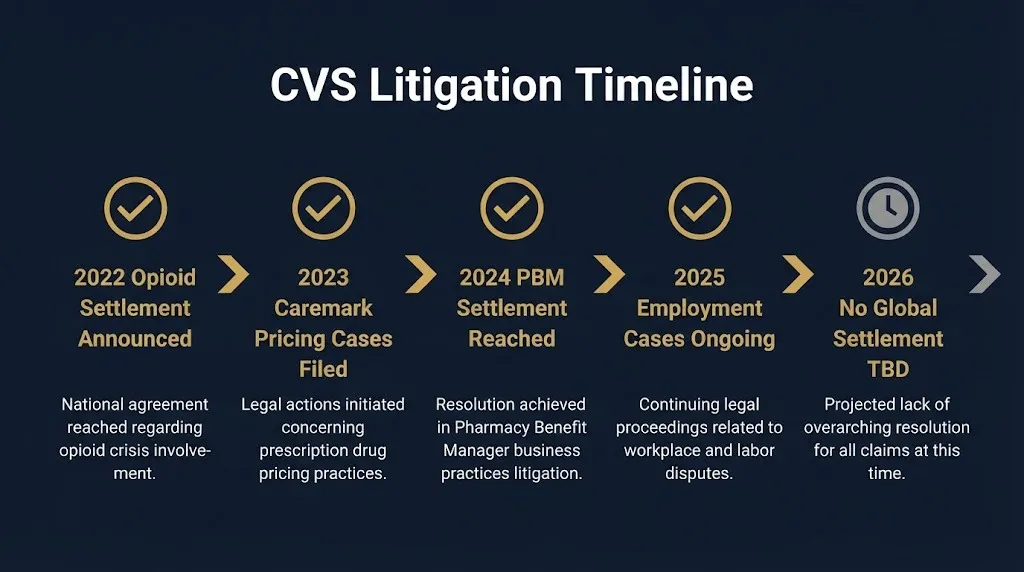 CVS litigation timeline showing opioid and pricing case milestones through 2026.