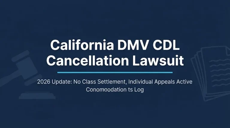California DMV CDL cancellation lawsuit 2026 status showing no class settlement and individual appeals active.