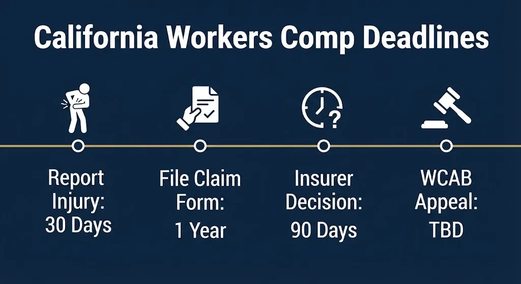 California workers compensation filing deadlines timeline showing 30 days to report and 1 year to file a claim