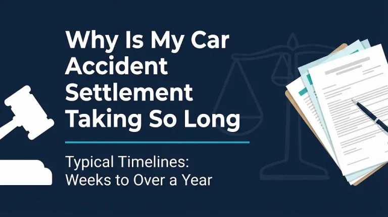 Car accident settlement delay banner explaining why settlements take weeks to over a year.