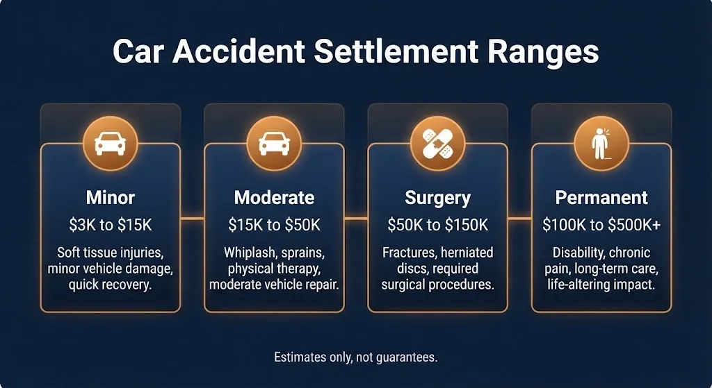 Car accident settlement ranges by injury severity from minor to permanent disability.