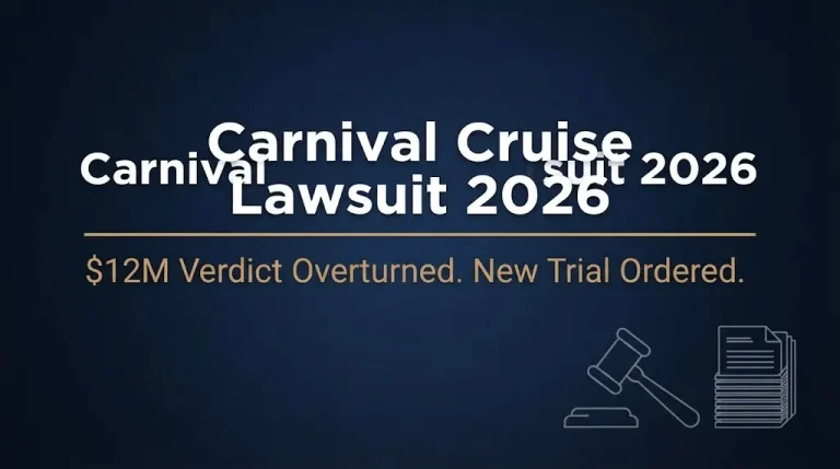 Carnival cruise lawsuit 2026 banner showing $12M verdict overturned and new trial ordered.